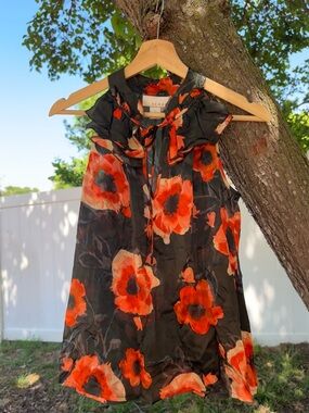 Kenar 100% Silk Black & Orange Floral Ruffle Blouse Size S